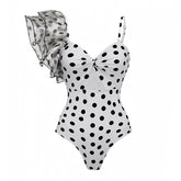 Black & White Polka Dot Ruffle Trim Asymmetric Puff Sleeve One Piece Swimsuit